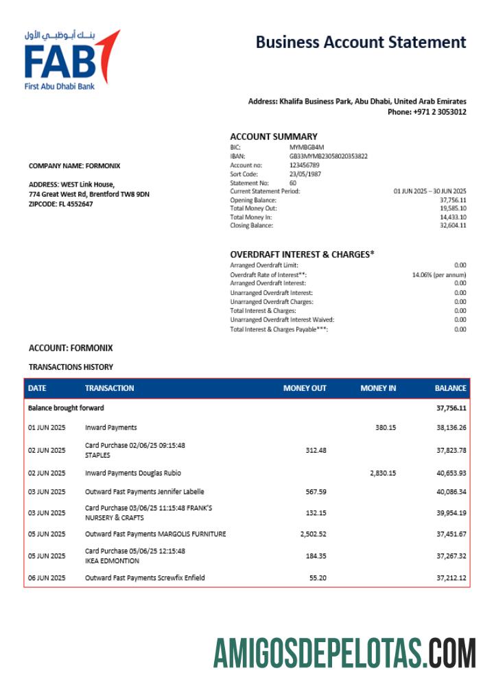 Realista UAE First Abu Dhabi Firm modelo de extrato de conta Word e PDF